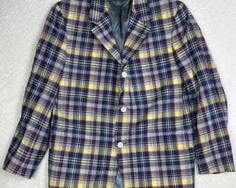 Chaqueta deportiva a cuadros para hombre Brooks Brothers, talla 43R, azul marino, amarillo y rojo, con 3 botones, fabricada en EE. UU.