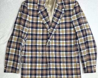 Brooks Brothers Vintage Mens 43R Plaid Blazer Navy Tan Yellow Two Button Jacket