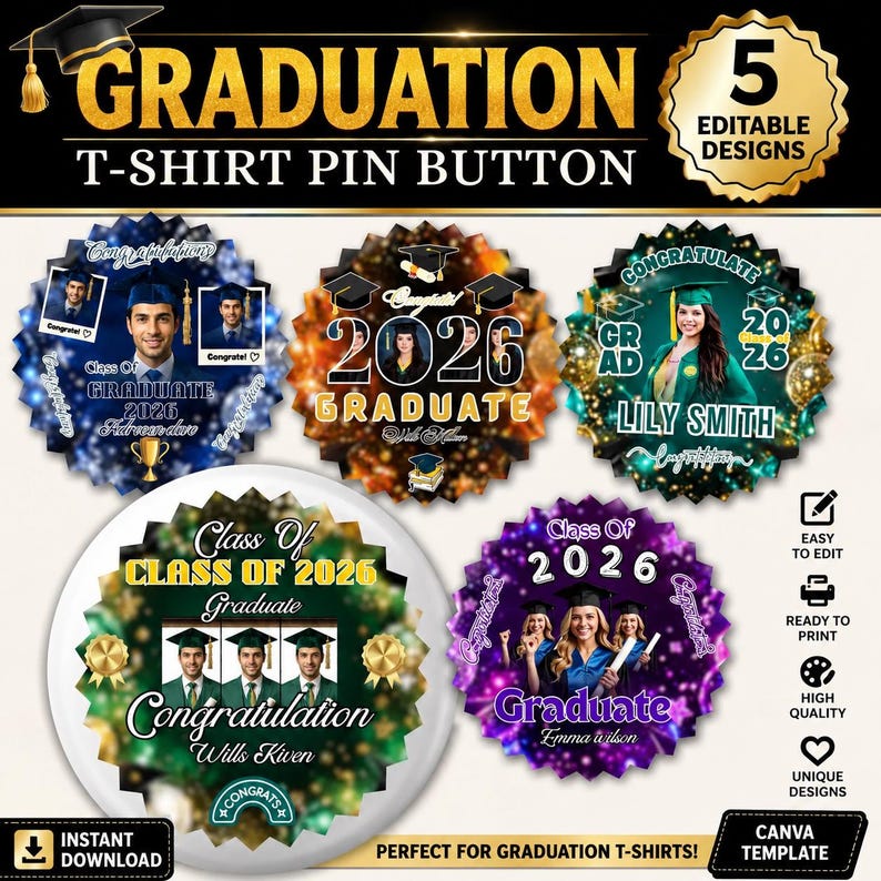Graduation Pin Button Template Bundle, 2.25 Inch Class of 2026 Photo ...