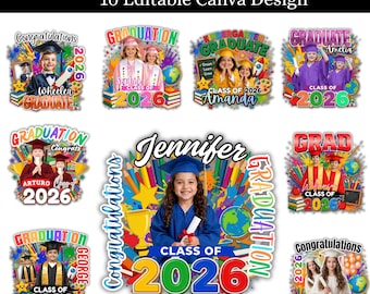 May include: A collection of kindergarten graduation PNG designs. Each design features a child's photo, the words "Congratulations," "Graduate," and "Class of 2026." Designs include colorful illustrations of globes, books, and pencils.