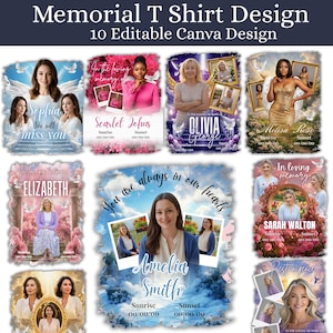 May include: A collection of memorial T-shirt designs with customizable Canva templates. Each design features a portrait, name, and dates, set against a backdrop of clouds, angels, and floral elements. The text includes phrases like "In loving memory" and "Rest in peace."