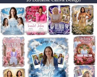 May include: A collection of memorial T-shirt designs with customizable Canva templates. Each design features a portrait, name, and dates, set against a backdrop of clouds, angels, and floral elements. The text includes phrases like "In loving memory" and "Rest in peace."