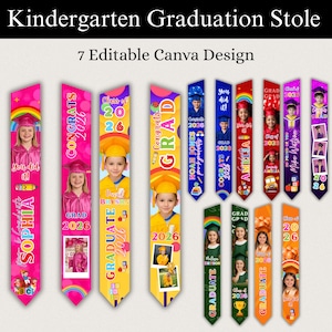 Può includere: Una collezione di stole colorate per la laurea della scuola materna. Ogni stola presenta la foto di un bambino, l'anno 2026 e la parola "GRADUATE". I disegni includono arcobaleni, stelle e il testo "Congrats".