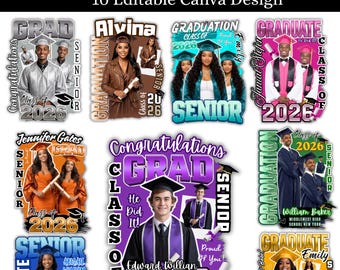 May include: A collection of graduation-themed T-shirt designs. Each design features the word "GRAD" or "GRADUATE", the year "2026", and the word "SENIOR". The designs include photos of graduates and celebratory text. The text "10 Editable Canva Design" is also present.