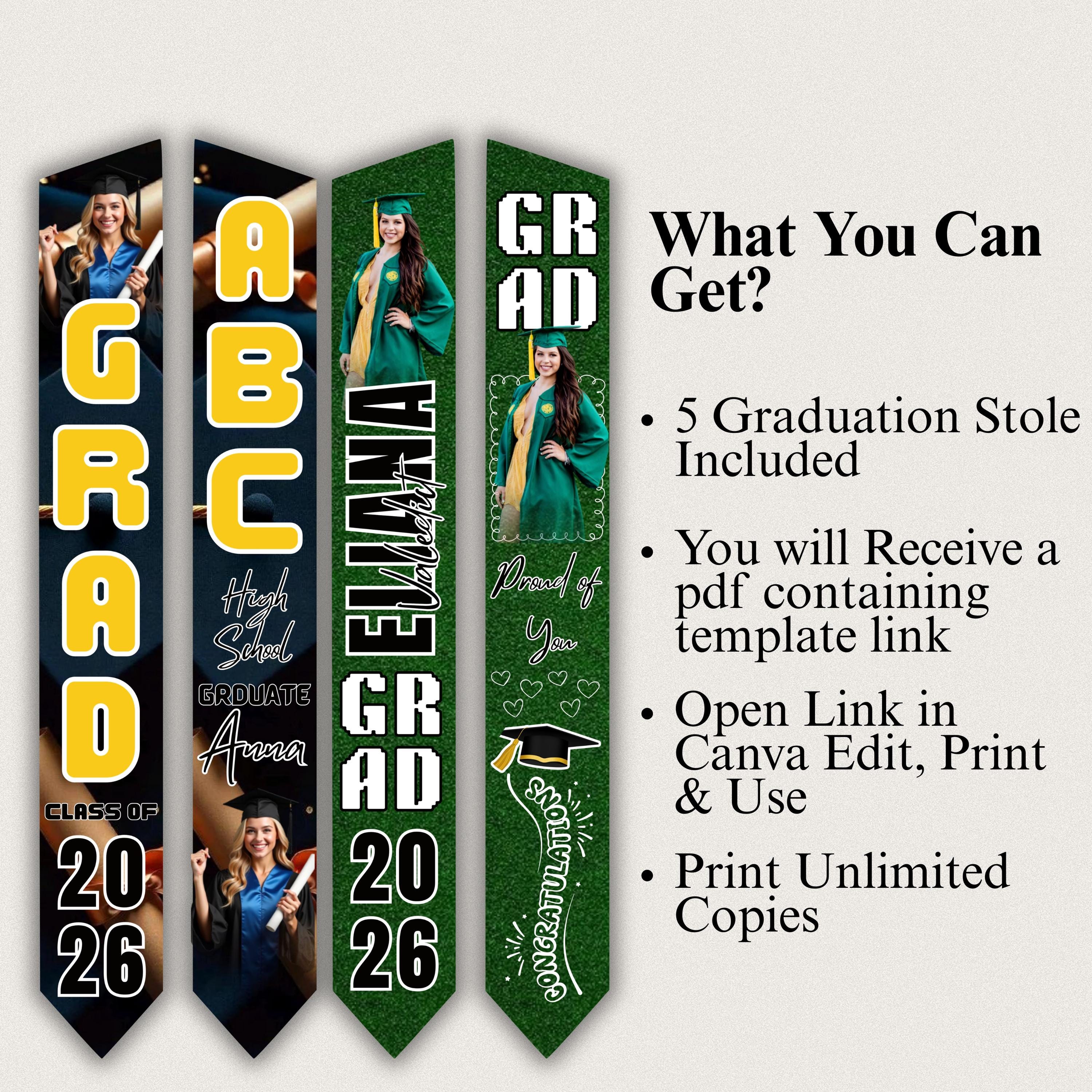 Graduation Stole Template Bundle, Editable Class of 2026 Canva Sash ...