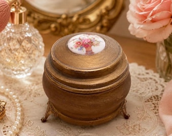 Viktorianische Musikpuderdose, Schmuckkästchen aus Bronze, Blumenmedaillon