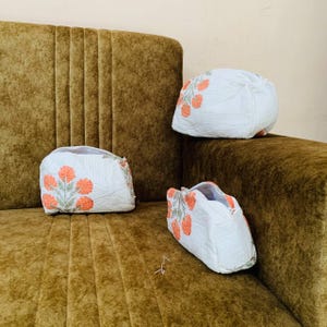 Handmade Quilted Makeup Bag Set, Eco-friendly Cotton Women Toiletry Bag Set For Gift, Block Printed Cosmetic Bag Set Of 3 Pieces, Wash Bag