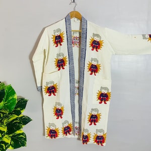 Kimono con estampado de bloques, bata de baño de algodón puro para mujer, bata de dama de honor, bata de kimono 100 % algodón hecha a mano, regalos para ella, regalos