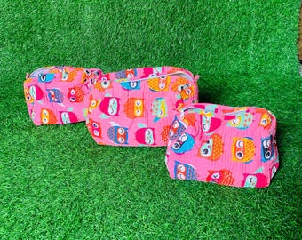 Lindas bolsas com estampa de coruja, bolsas de algodão para higiene pessoal, bolsas para higiene pessoal feminina, bolsas com estampa de blocos de mão, bolsas reutilizáveis, bolsas de beleza, bolsas de cosméticos femininas