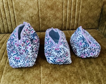 Conjunto de 3 bolsas de maquiagem, bolsas de algodão para higiene pessoal, bolsas de higiene pessoal femininas, bolsas com estampa de blocos de mão, bolsas reutilizáveis, bolsas de beleza, bolsas de cosméticos femininas, presentes