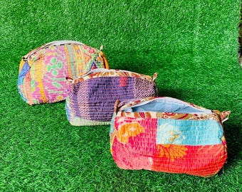 Conjunto de 3 bolsas de maquiagem com patchwork, nécessaires de algodão, nécessaires femininas, nécessaires com estampa de blocos de mão, nécessaires reutilizáveis, nécessaires femininas, presentes