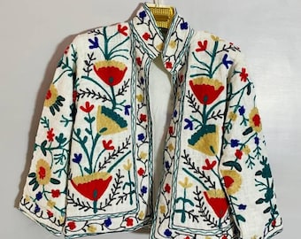Chaqueta Suzani Blanca, Chaqueta Bordada, Chaqueta Reversible, Abrigo para Mujer, Chaqueta Corta Suzani, Chaqueta Suzani de Tela TNT, Regalo para Ella