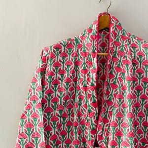 Bata tipo kimono de algodón puro con bolsa, bata de algodón floral, ropa de estar bohemia, bata de verano, bata de festival, ropa de mujer, regalo para ella