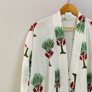 Bata tipo kimono de algodón puro con bolsa, bata de algodón floral, ropa de estar bohemia, bata de verano, bata de festival, ropa de mujer, regalo para ella