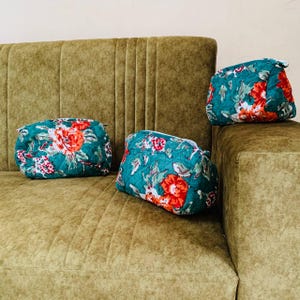 Handmade Quilted Makeup Bag Set, Eco-friendly Cotton Women Toiletry Bag Set For Gift, Block Printed Cosmetic Bag Set Of 3 Pieces, Wash Bag