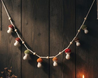 Crochet Mushroom Garland: Handmade Wooden Beads, Earth Tones, Cottagecore Wall Hanging
