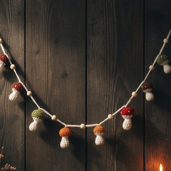 Crochet Fall Mushroom Garland: Handmade Wooden Beads, Earth Tones, Cottagecore Wall Hanging