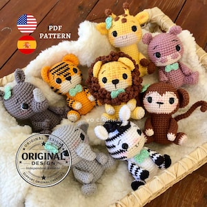 E-book Crochet Pattern Amigurumi Zoo Safari Animals Pack: Lion, Giraffe, Zebra, Elephant, Rhinoceros, Monkey, Hippopotamus and Tiger (English)