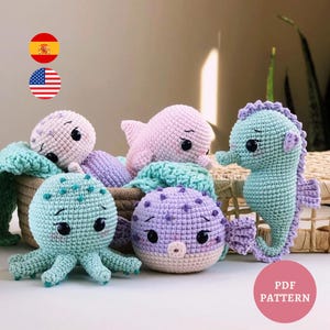 E-book Crochet Pattern Amigurumi: Sea Animals sea turtle, seahorse, puffer fish, dolphin, octopus, shell, star and coral (English)