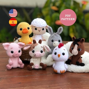 電子書籍のかぎ針編みパターン アミグルミ 農場の動物パック: 牛、ロバ、馬、羊、ボーダーコリー、豚、アヒル、鶏 (英語/スペイン語)
