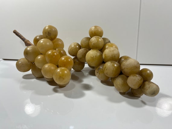Vintage Alabaster Grapes Italian Marble Stone Grapes Cluster Pair Mid Century Decor Yellow Gold Onyx Fruit Sculpture