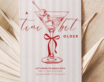 Invitación para 30 cumpleaños / Invitación de cumpleaños con martini / Tini Bit Older / Cócteles Dirty Thirty / Martini con lazo rosa Coquette / Plantilla de Canva