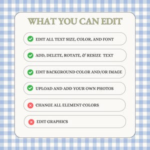 Może przedstawiać: Biała lista kontrolna na niebieskim tle w kratkę. Lista kontrolna wskazuje, co można edytować w szablonie projektu. Tekst brzmi: "WHAT YOU CAN EDIT" i zawiera następujące opcje: "EDIT ALL TEXT SIZE, COLOR, AND FONT", "ADD, DELETE, ROTATE, & RESIZE TEXT", "EDIT BACKGROUND COLOR AND/OR IMAGE", "UPLOAD AND ADD YOUR OWN PHOTOS", "CHANGE ALL ELEMENT COLORS", i "EDIT GRAPHICS". Zielone znaczniki wyboru oznaczają opcje edytowalne, a czerwone znaki X oznaczają opcje niedostępne do edycji.
