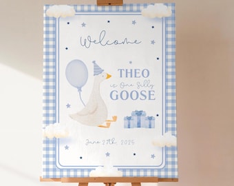 One Silly Goose Birthday Welcome Sign Template | Editable 1st Birthday Party Sign | Goose First Birthday Blue Gingham | Canva Template
