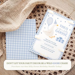 Adorable blue-themed 1st birthday invite with a goose, balloon, and gift imagery.