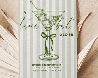 Invitación para 30 cumpleaños / Invitación de cumpleaños con Martini / Tini Bit Older / Cócteles Dirty Thirty / Martini con lazo verde Coquette / Plantilla de Canva
