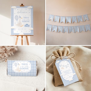 Cartoon goose with a balloon on a blue gingham 1st birthday invitation card.