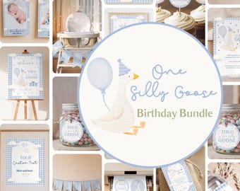 One Silly Goose First Birthday Bundle | Blue Goose Birthday Package | Boy Goose Party Decorations| Silly Goose 1st Birthday| Canva Templates