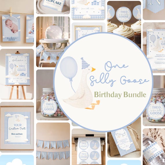 One Silly Goose First Birthday Bundle | Blue Goose Birthday Package | Boy Goose Party Decorations| Silly Goose 1st Birthday| Canva Templates