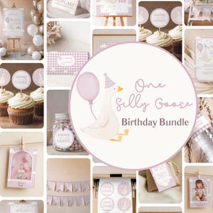 One Silly Goose First Birthday Bundle | Pink Goose Birthday Package | Goose Party Decorations| Silly Goose 1st Birthday| Canva Templates