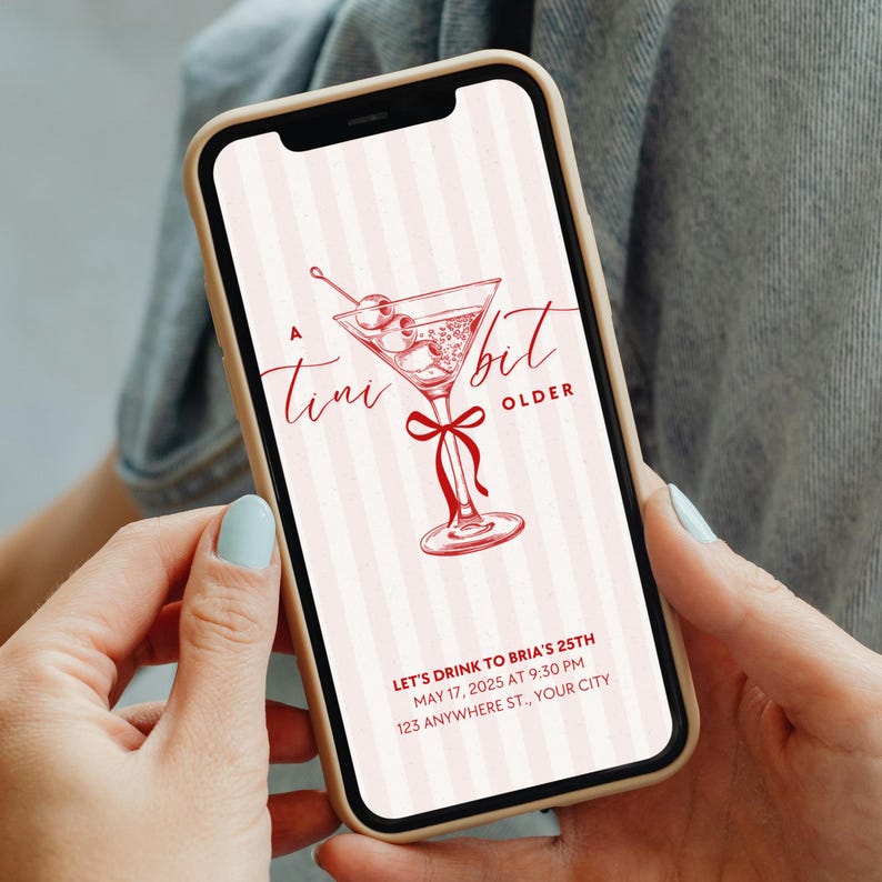 Dirty Thirty Martini Birthday Invitation: Pink Bow, Canva Template (Digital Invite)