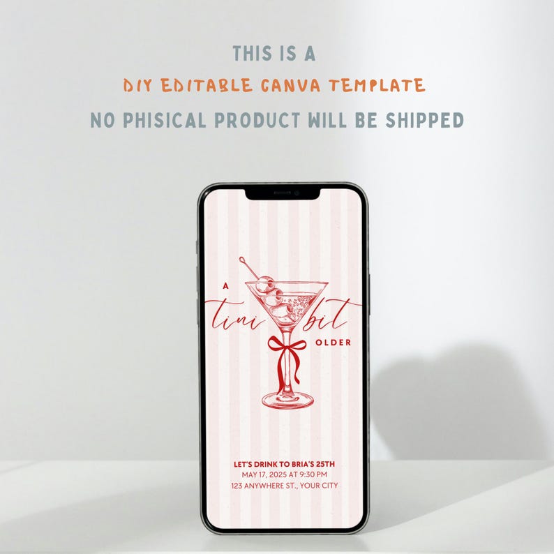 Cocktail-themed digital invitation perfect for milestone birthdays with custom text options.