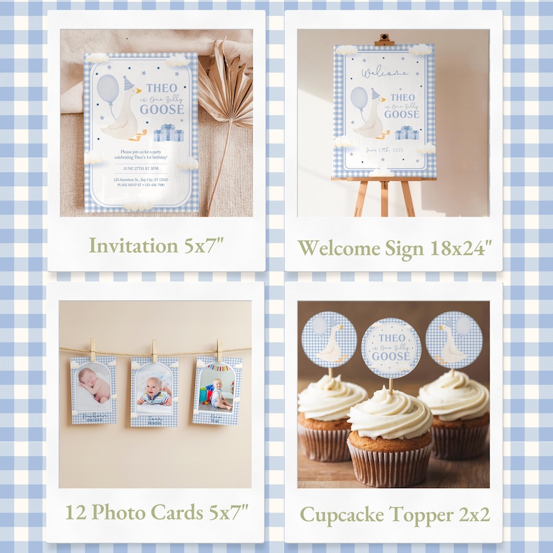 Cute blue and white party invitation for Theo's first birthday featuring a goose illustration.
