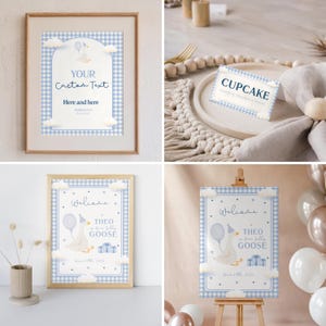 One Silly Goose party invitation in a soft blue theme for a boy's first birthday celebration.
