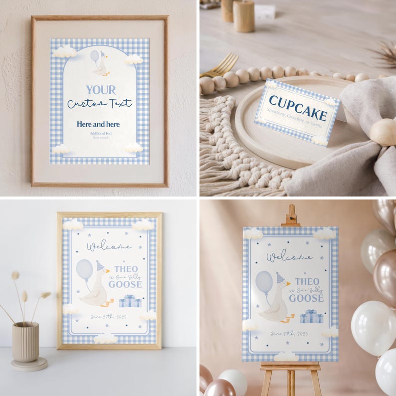 One Silly Goose party invitation in a soft blue theme for a boy's first birthday celebration.