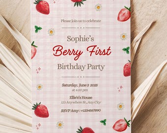 Berry First Birthday Invitation | Strawberry Theme | Girl Birthday Party | Digital Download Printable