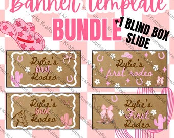 Puede incluir: Un paquete de plantillas de banner rosa y marrón con el texto "Banner Template Bundle" y "+1 Blind Box Slide". El paquete incluye cuatro diseños con el texto "Rylie's First Rodeo" y gráficos temáticos de vaqueros.