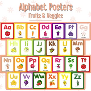 Printable Fruits & Veggies ABC Classroom Posters - Colourful Alphabet Wall Decor - Nursery Kids Wall Art - Printable Digital Download PDF