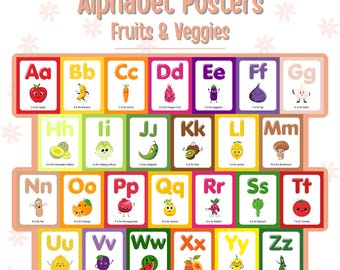Pósteres del alfabeto de frutas y verduras / Decoración de pared para el aula preescolar (descarga digital)