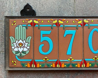 Custom Turquoise on Terra Cotta Tile House Numbers with Hamsa Hand End Caps