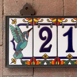 Custom Royal Blue on White Ceramic Tile House Numbers with Hummingbird End Caps image 1