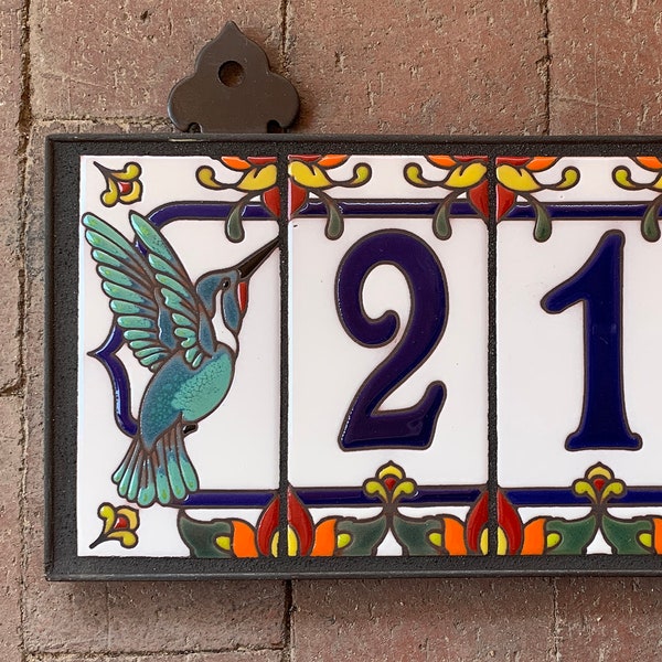 Custom Royal Blue on White Ceramic Tile House Numbers with Hummingbird End Caps