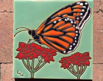 Hand glazed ceramic 6"x6" monarch butterfly tile trivet