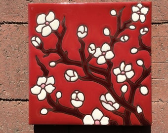 6"x6" Cherry Blossom ceramic tile w Red Background