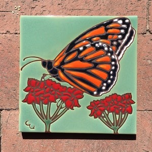 Hand glazed ceramic 6&quot;x6&quot; monarch butterfly tile trivet