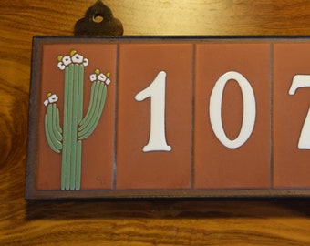 Custom White on Terra Cotta Ceramic Tile House Numbers with Cactus End Caps